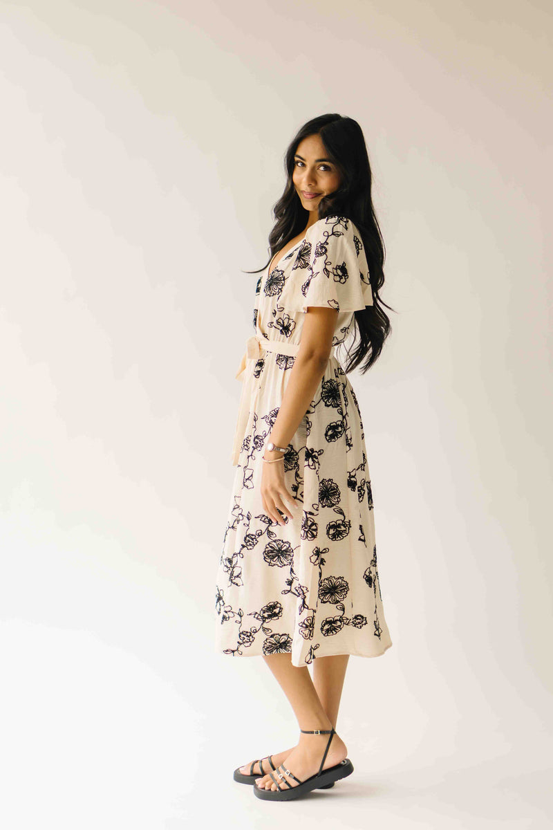 The Tressa Embroidered Detail Midi Dress in Cream + Black