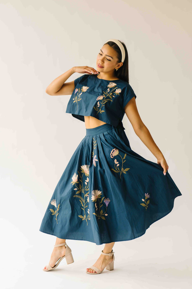 The Rochelle Floral Shirt + Skirt Set in Navy