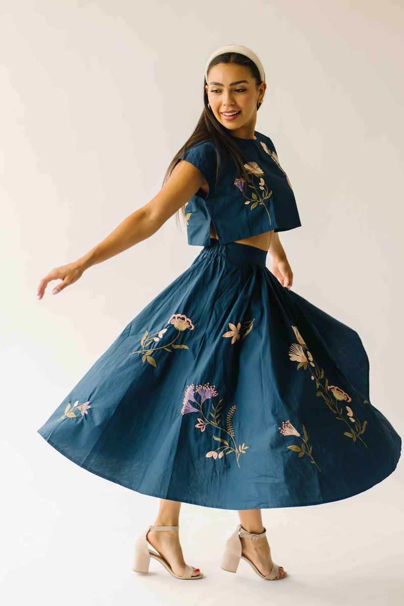 The Rochelle Floral Shirt + Skirt Set in Navy