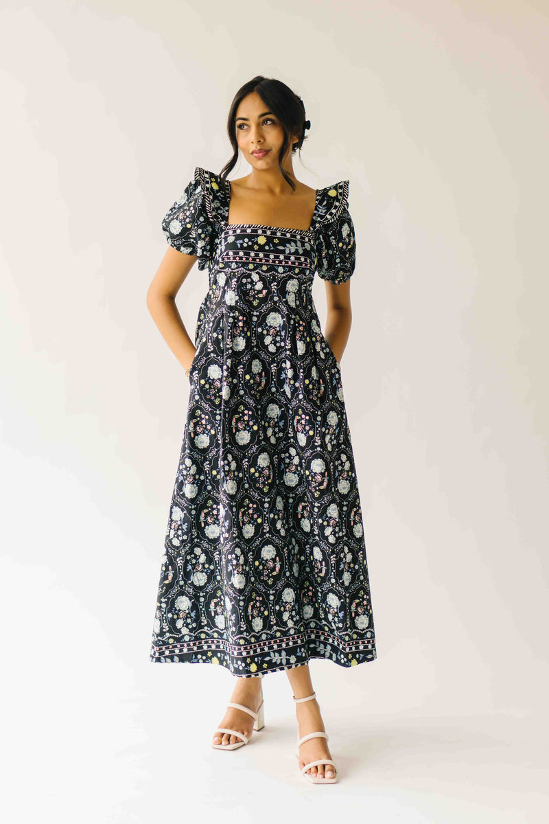 The Dinisha Square Neck Floral Maxi Dress in Black