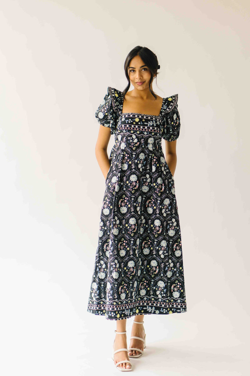 The Dinisha Square Neck Floral Maxi Dress in Black