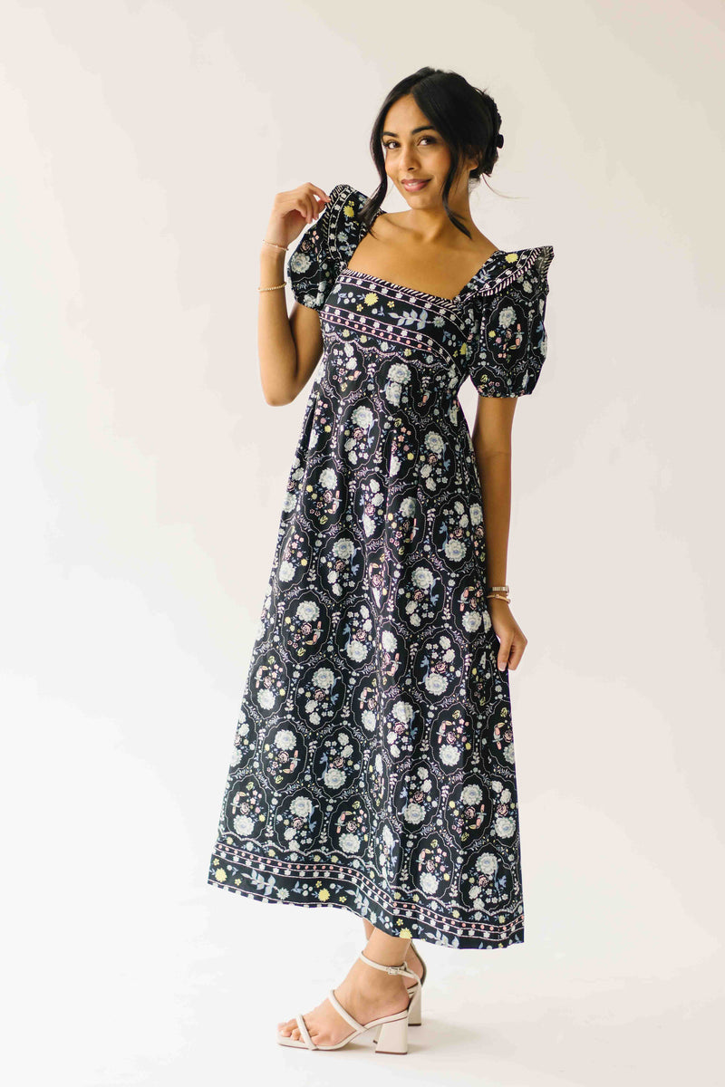 The Dinisha Square Neck Floral Maxi Dress in Black