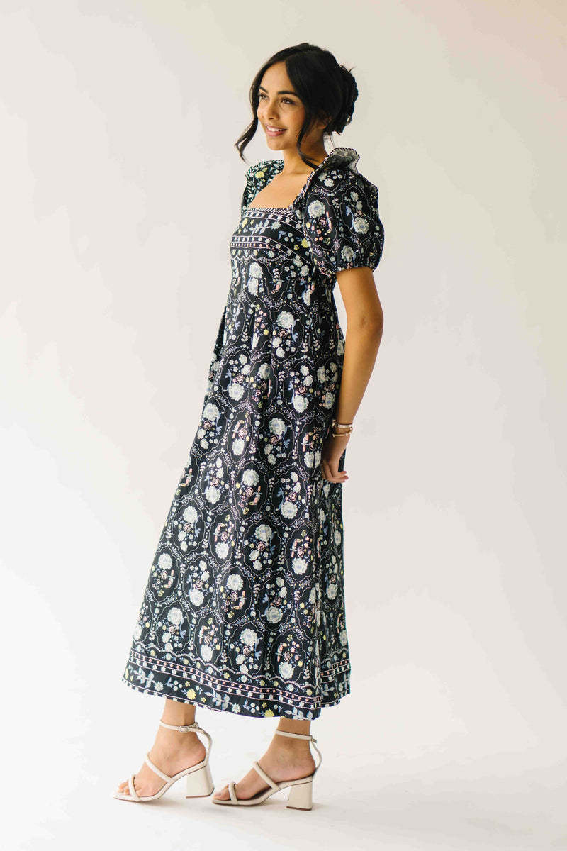 The Dinisha Square Neck Floral Maxi Dress in Black