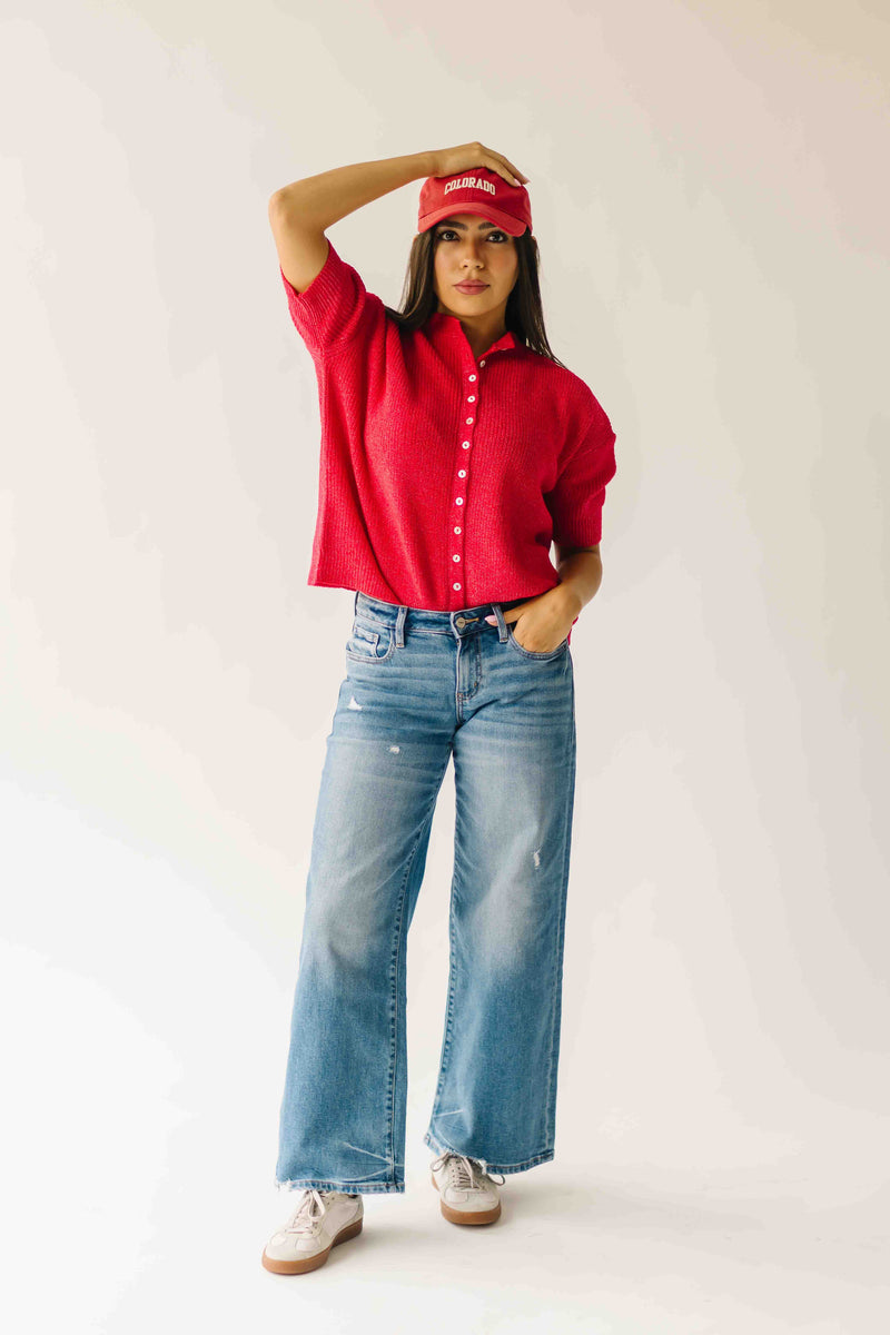 The Joanna Ribbed Short-Sleeved Cardigan in Red