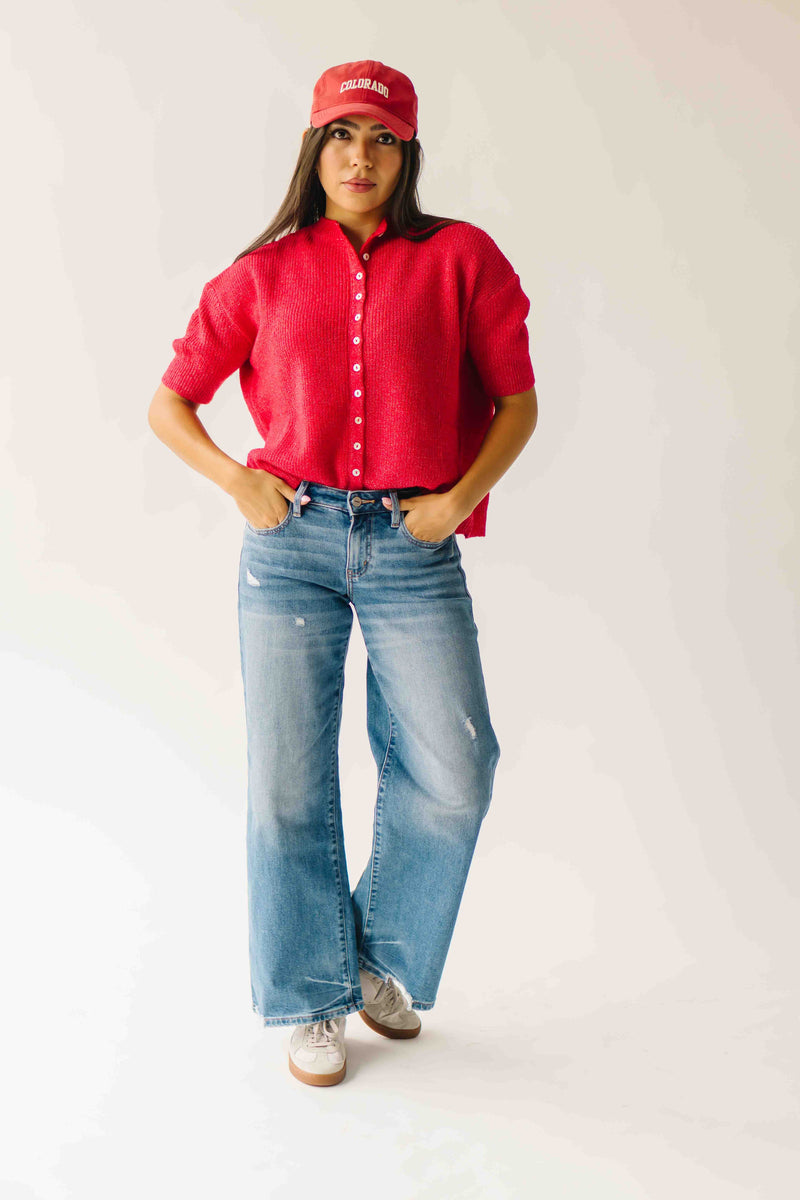 The Joanna Ribbed Short-Sleeved Cardigan in Red