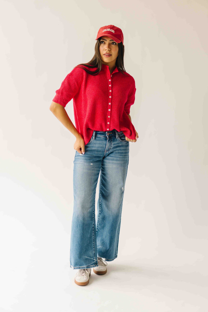 The Joanna Ribbed Short-Sleeved Cardigan in Red