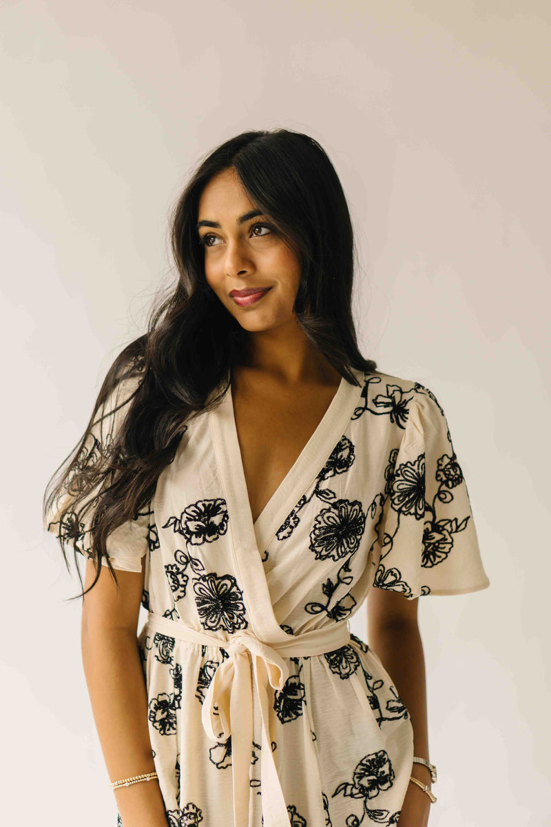The Tressa Embroidered Detail Midi Dress in Cream + Black