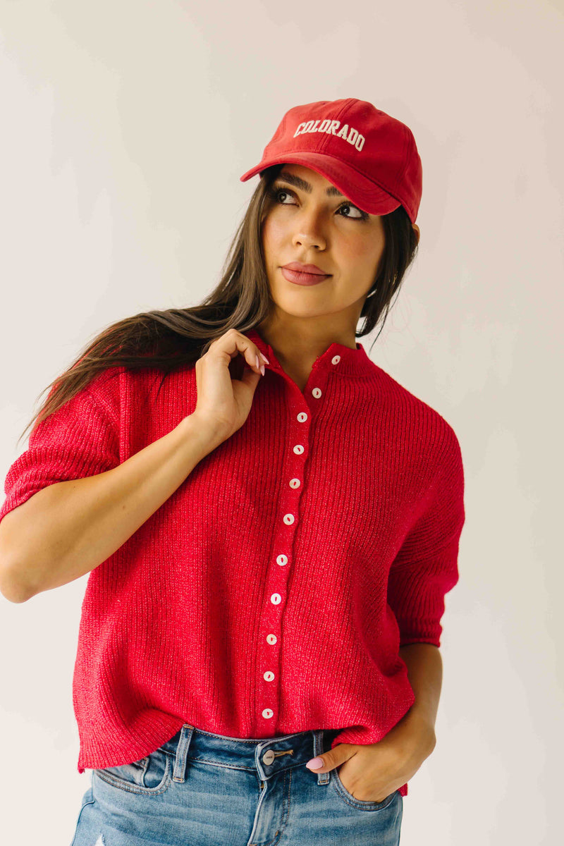 The Joanna Ribbed Short-Sleeved Cardigan in Red