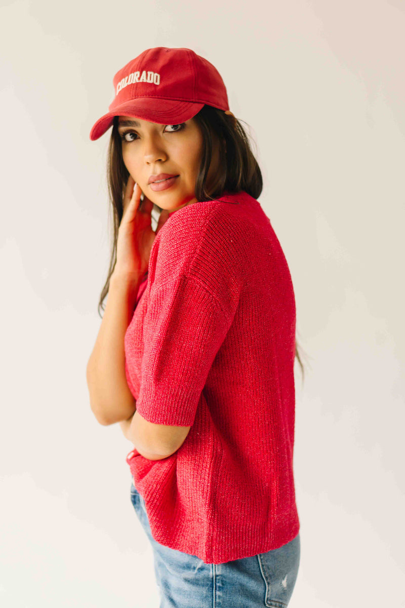 The Joanna Ribbed Short-Sleeved Cardigan in Red
