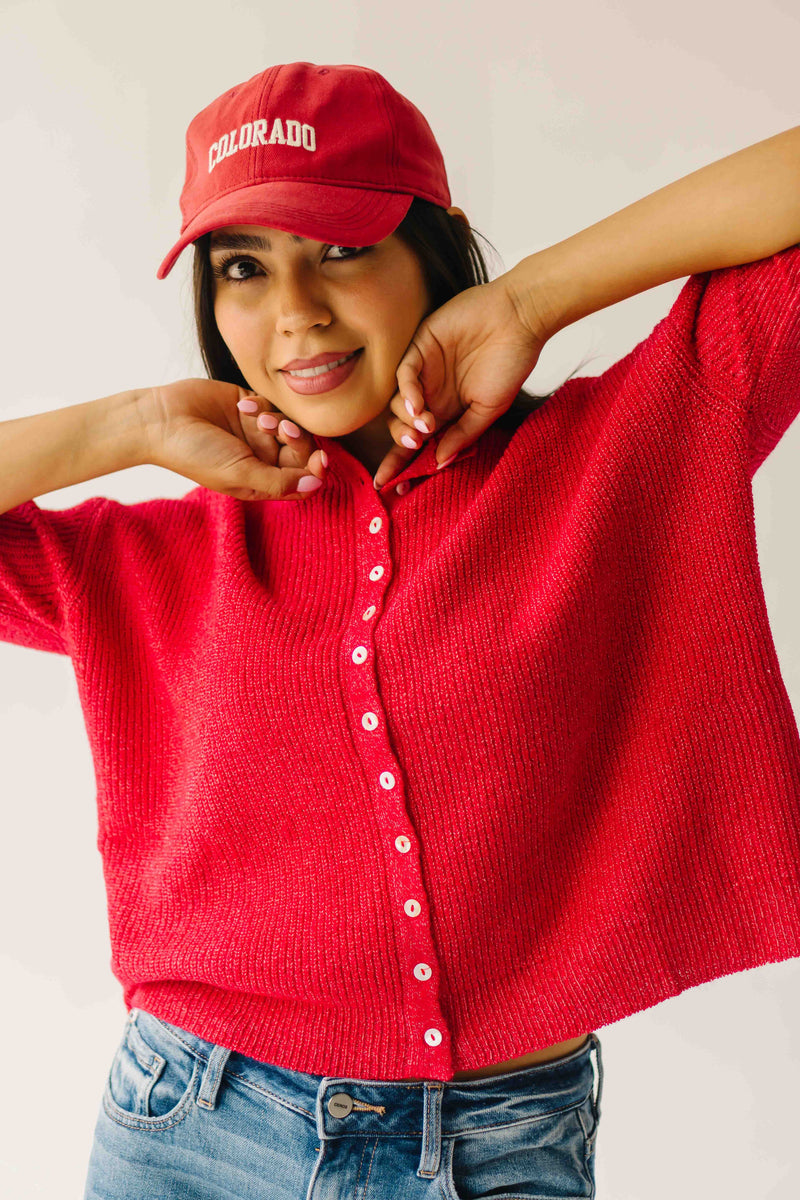 The Joanna Ribbed Short-Sleeved Cardigan in Red