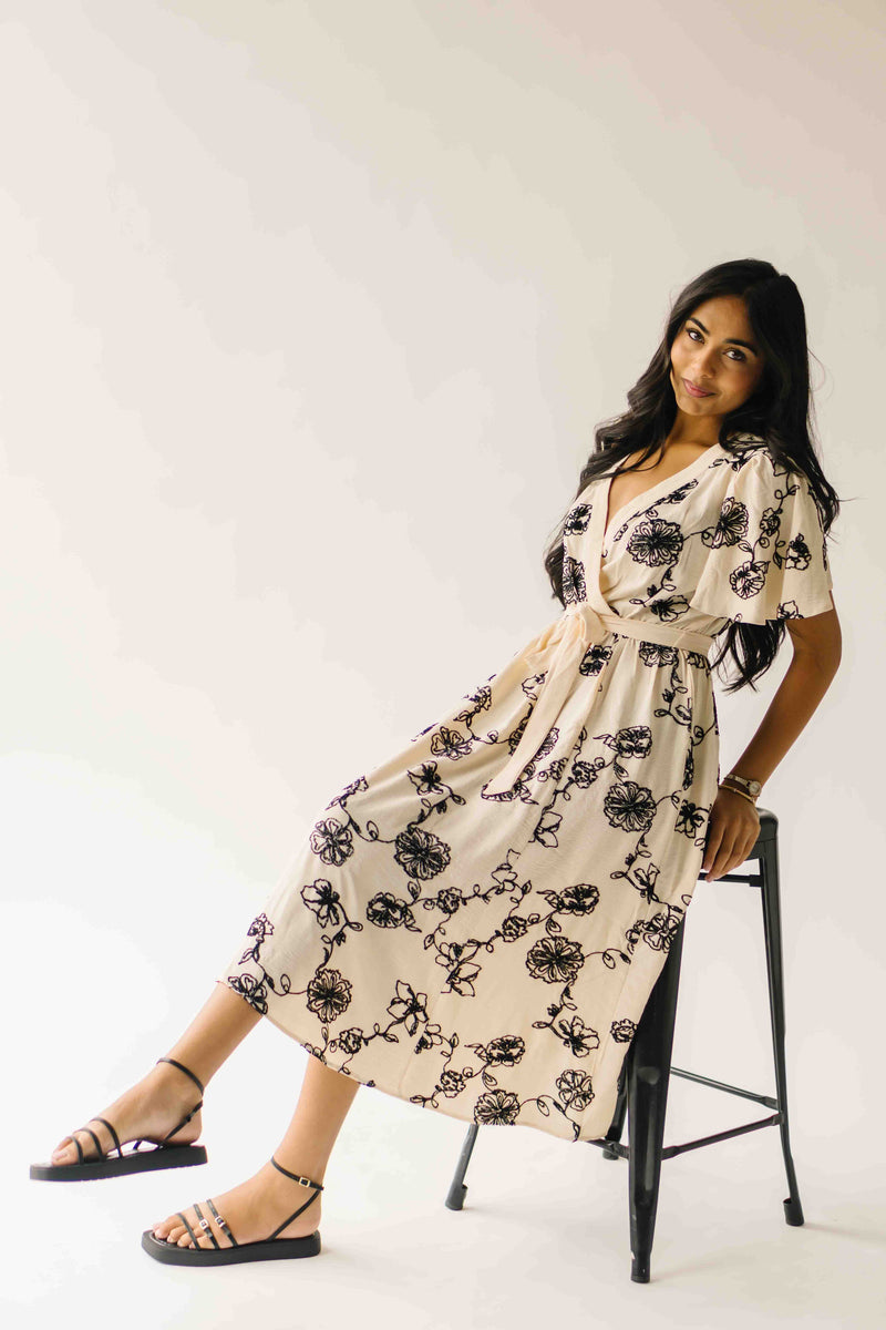 The Tressa Embroidered Detail Midi Dress in Cream + Black