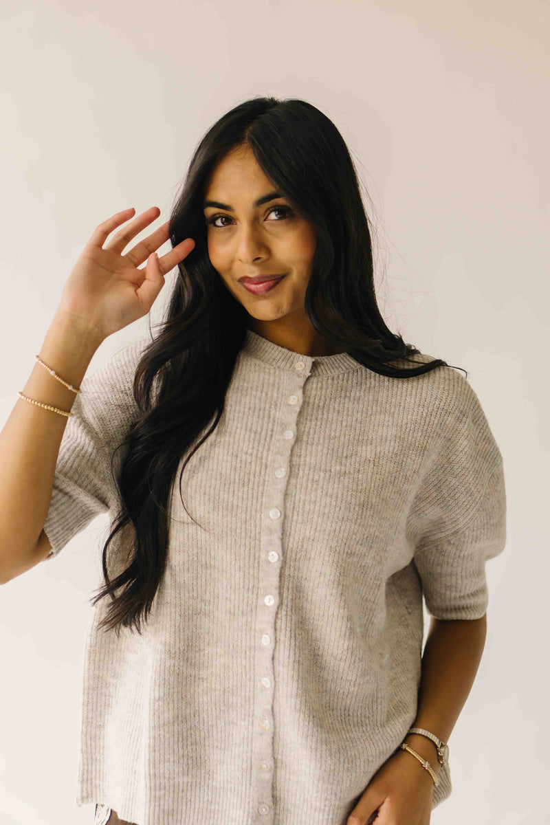 The Joanna Ribbed Short-Sleeved Cardigan in Oatmeal