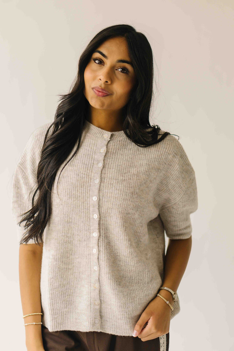 The Joanna Ribbed Short-Sleeved Cardigan in Oatmeal
