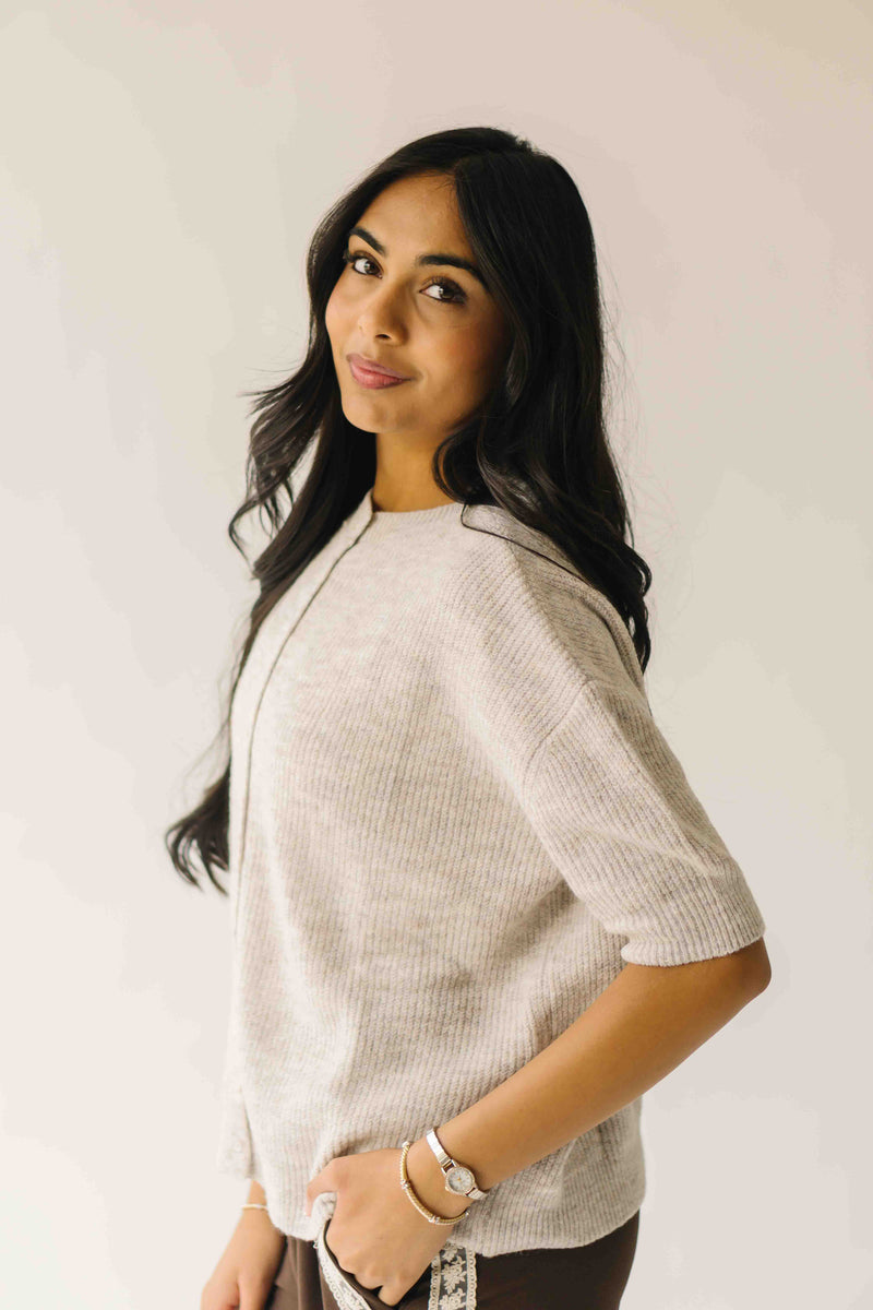 The Joanna Ribbed Short-Sleeved Cardigan in Oatmeal