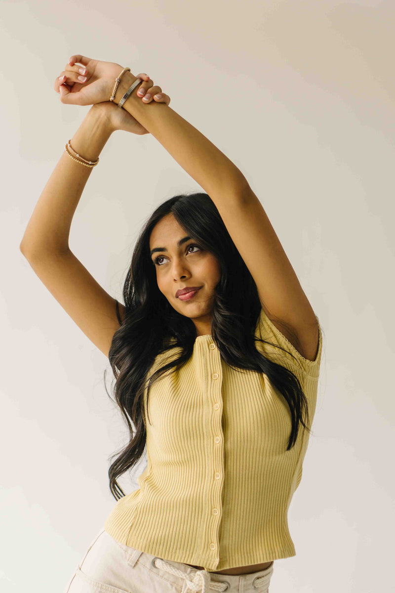 The Lyra Ribbed Button-Up Blouse in Butter Yellow