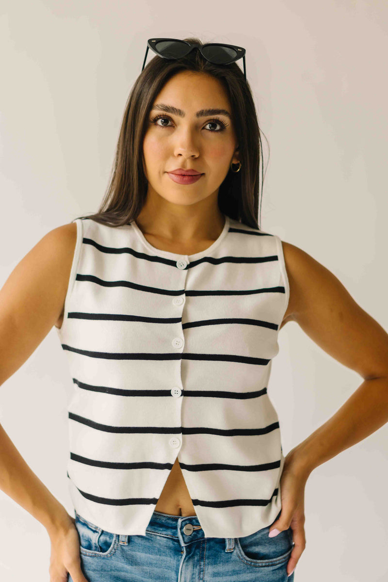 The Stadler Button-Up Sweater in Black + White Stripe