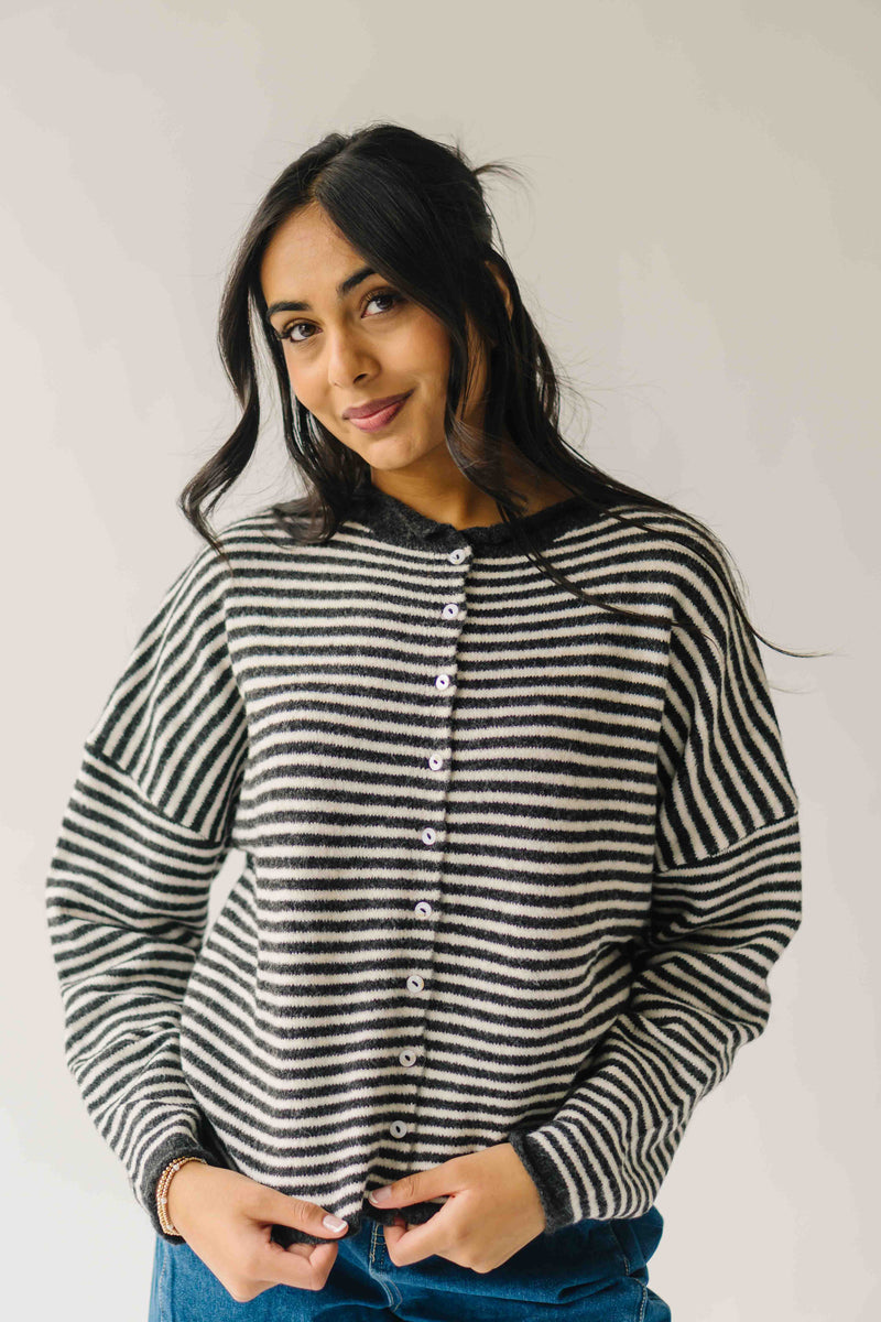 The Riggs Button-Down Sweater in Ivory + Charcoal Mini Stripe