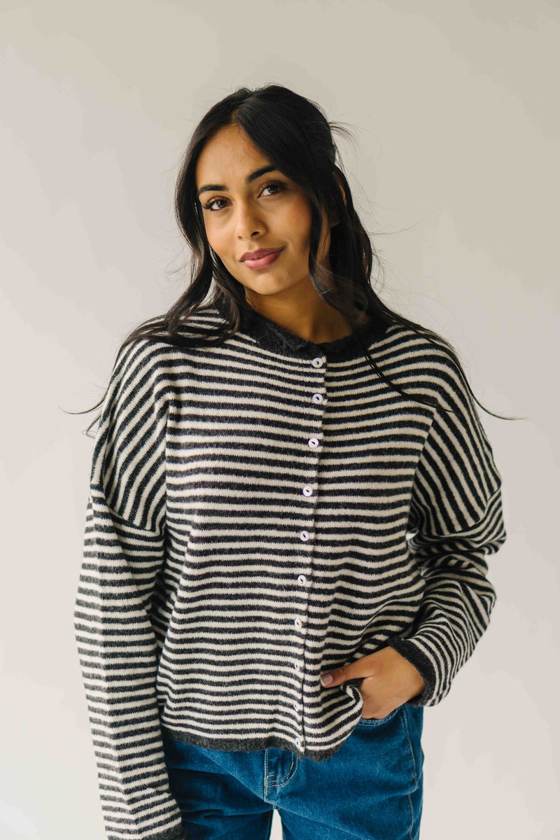 The Riggs Button-Down Sweater in Ivory + Charcoal Mini Stripe