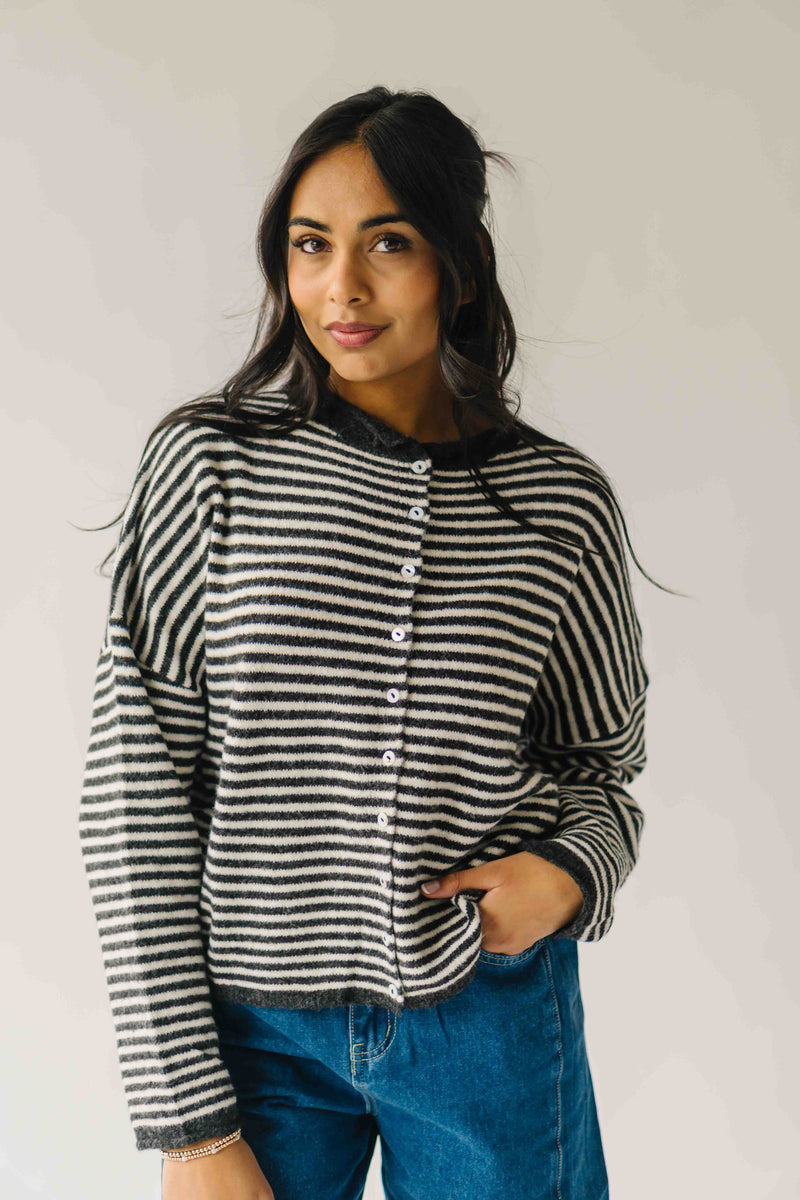 The Riggs Button-Down Sweater in Ivory + Charcoal Mini Stripe
