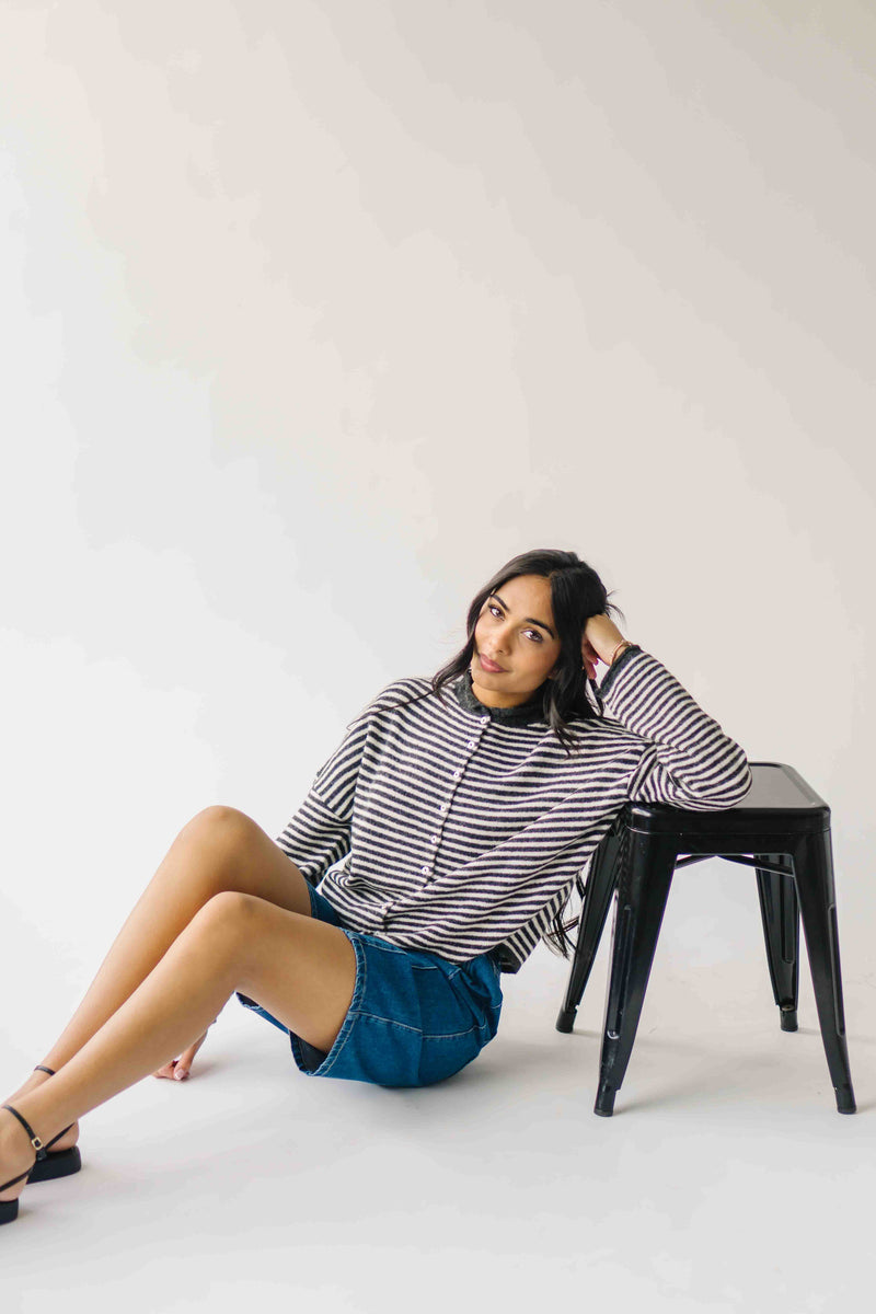 The Riggs Button-Down Sweater in Ivory + Charcoal Mini Stripe