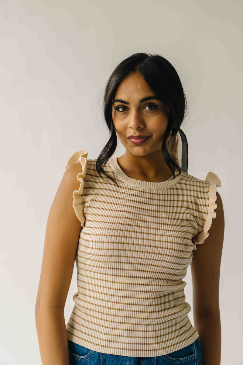 The Yara Ruffle Sleeve Knit Blouse in Light Khaki