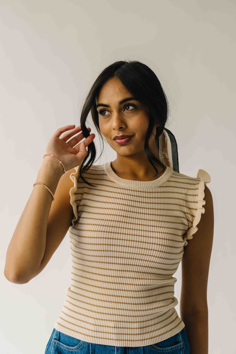 The Yara Ruffle Sleeve Knit Blouse in Light Khaki