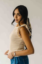 The Yara Ruffle Sleeve Knit Blouse in Light Khaki
