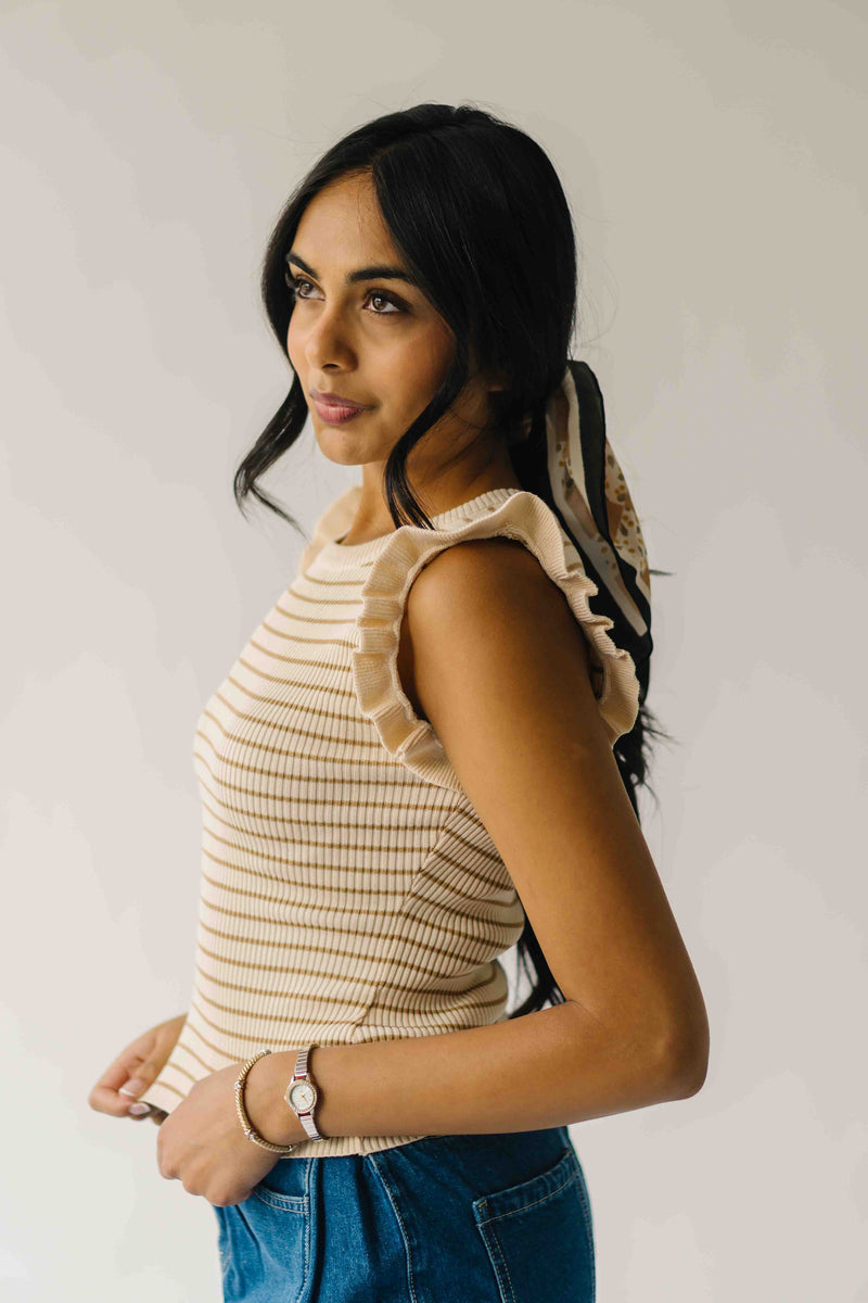 The Yara Ruffle Sleeve Knit Blouse in Light Khaki
