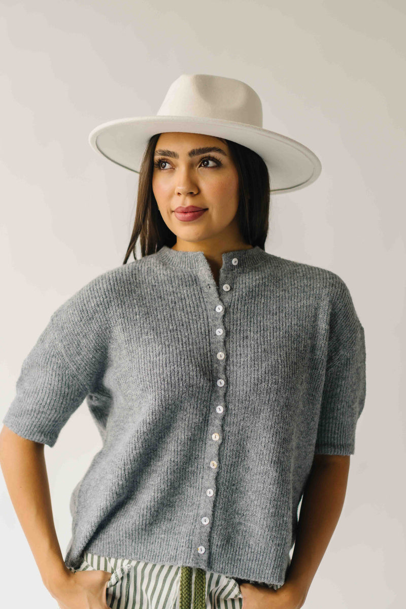 The Joanna Ribbed Short-Sleeved Cardigan in Heather Grey