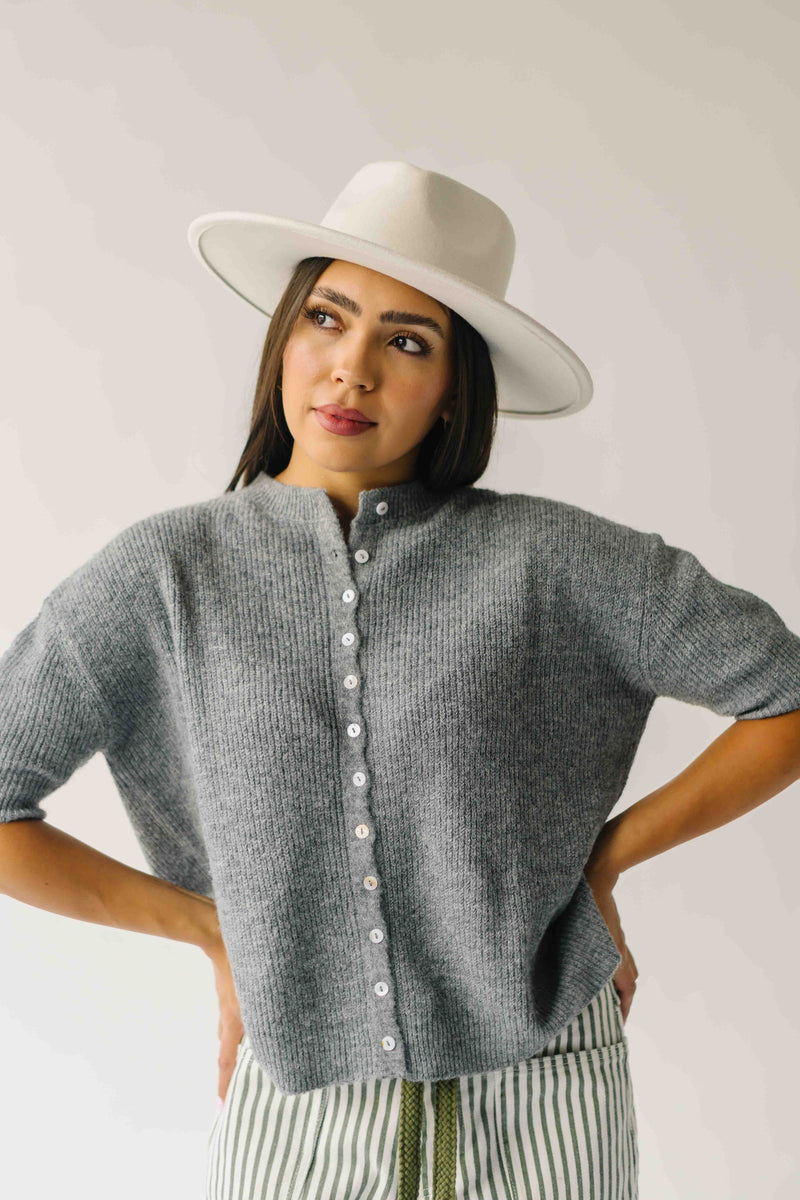 The Joanna Ribbed Short-Sleeved Cardigan in Heather Grey