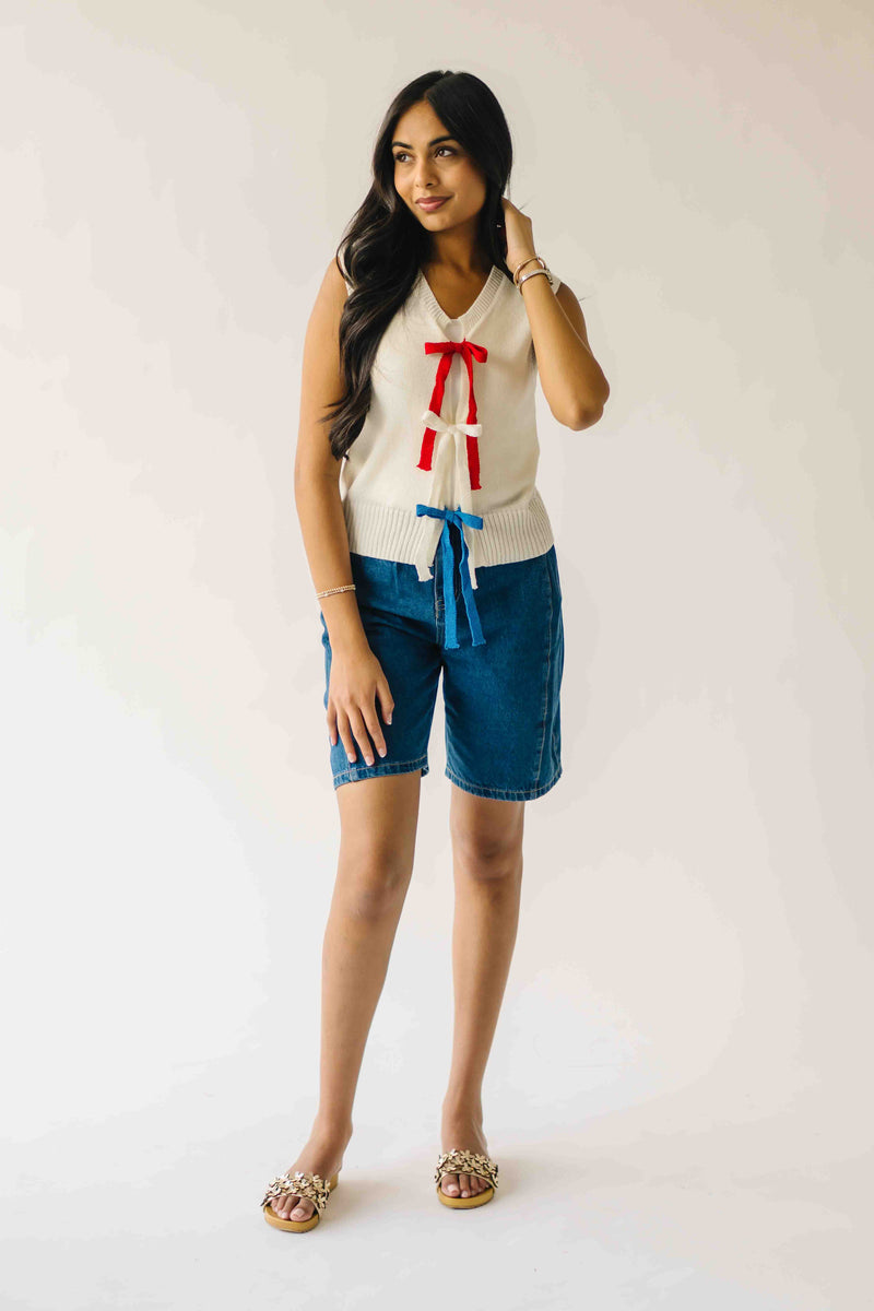 The Rutherford Multi Color Tie Front Blouse in Ivory