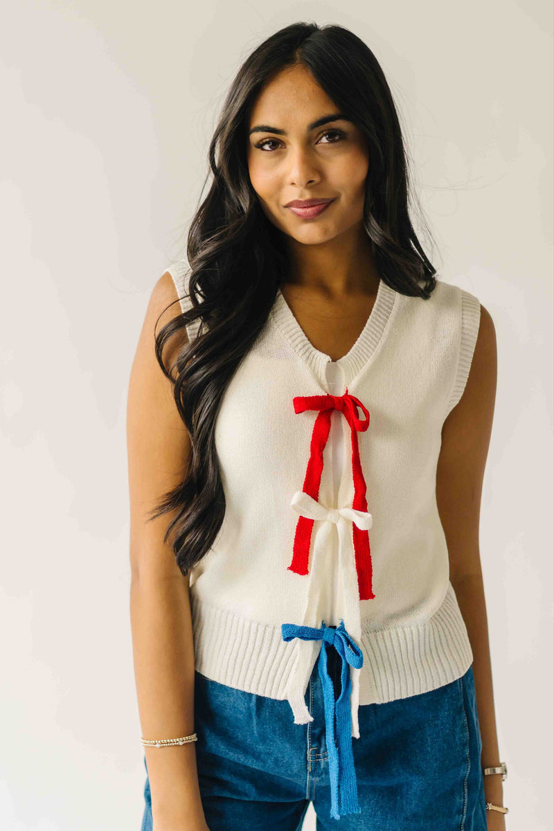 The Rutherford Multi Color Tie Front Blouse in Ivory