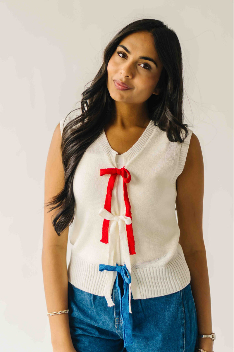 The Rutherford Multi Color Tie Front Blouse in Ivory