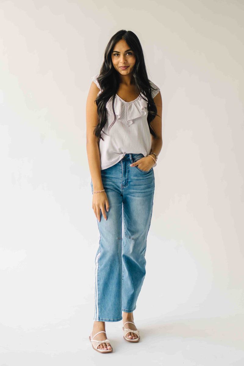 The Samara Pin Stripe Ruffle Blouse in Oatmeal