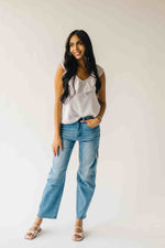 The Samara Pin Stripe Ruffle Blouse in Oatmeal