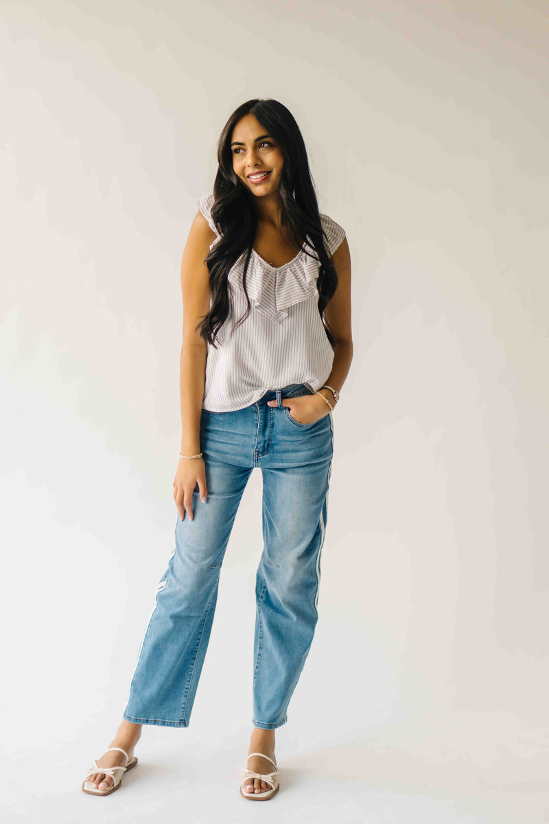 The Samara Pin Stripe Ruffle Blouse in Oatmeal