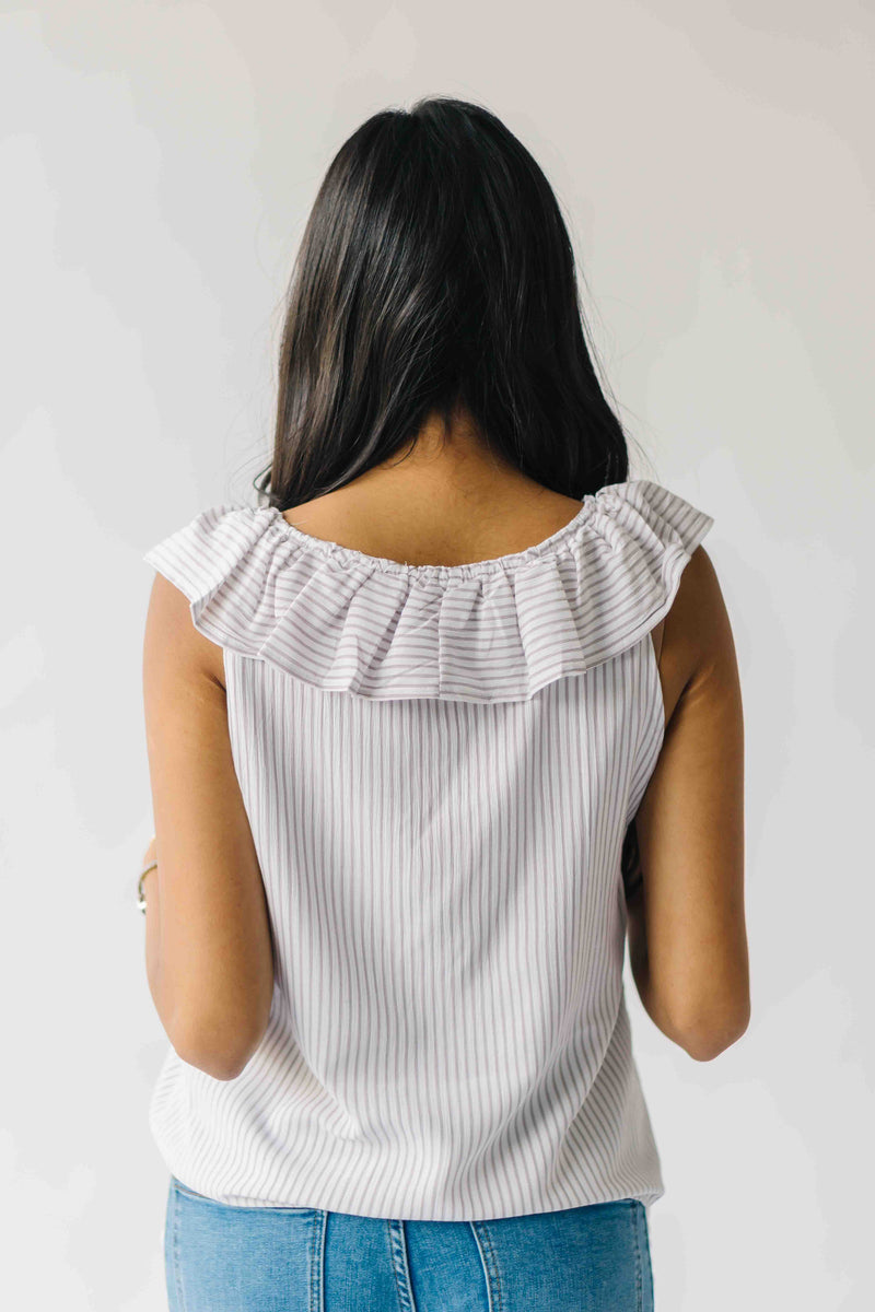 The Samara Pin Stripe Ruffle Blouse in Oatmeal