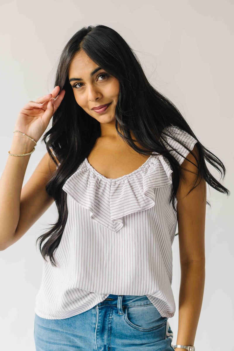 The Samara Pin Stripe Ruffle Blouse in Oatmeal