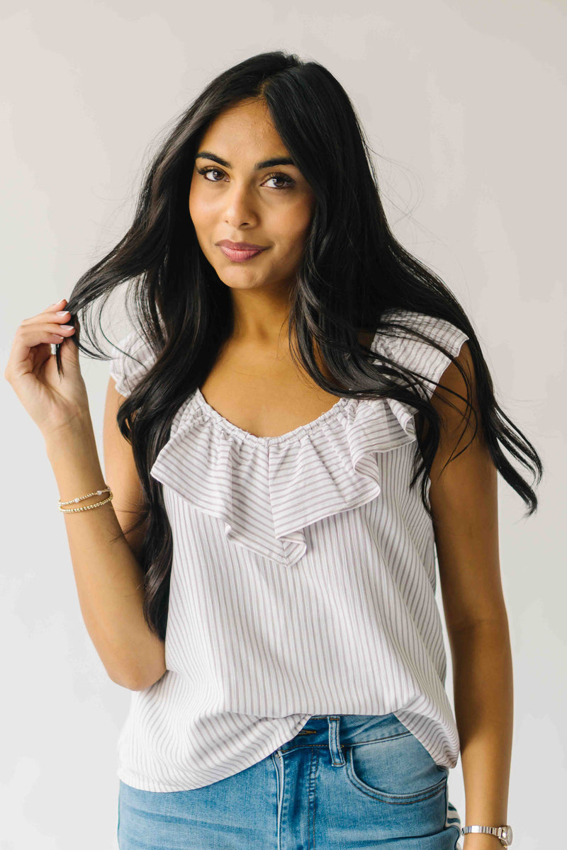 The Samara Pin Stripe Ruffle Blouse in Oatmeal