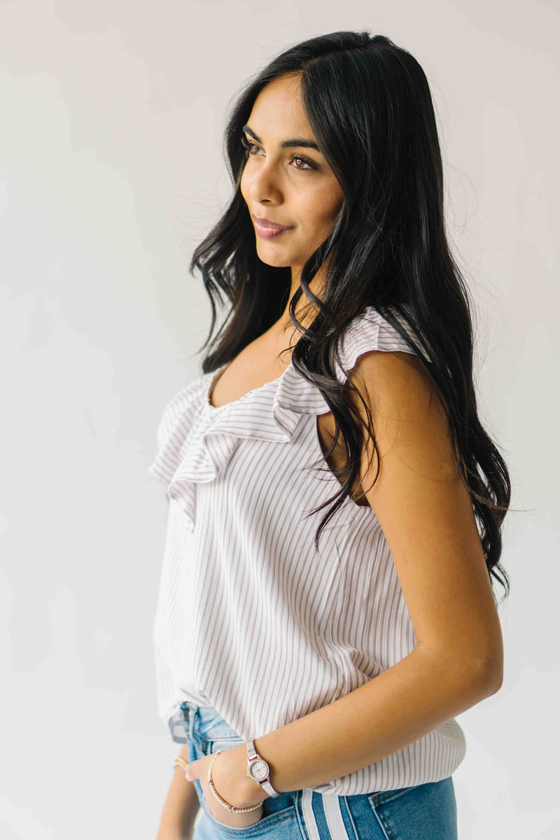 The Samara Pin Stripe Ruffle Blouse in Oatmeal