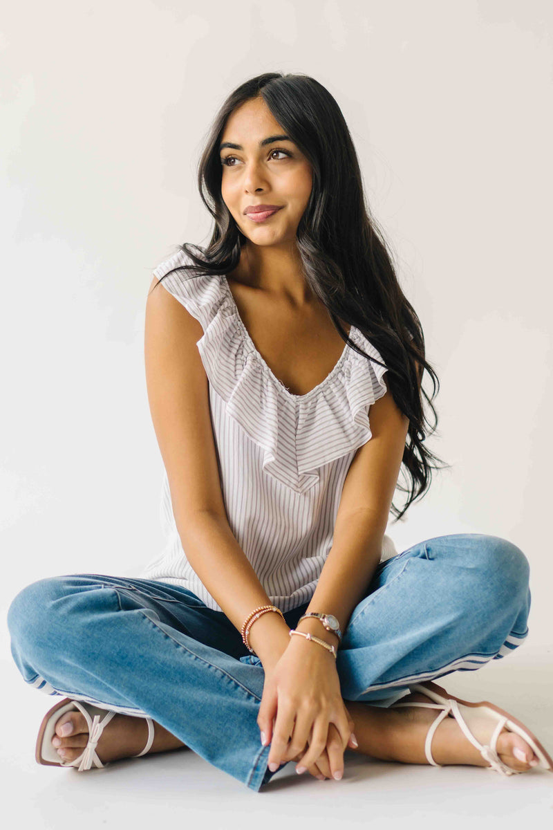 The Samara Pin Stripe Ruffle Blouse in Oatmeal