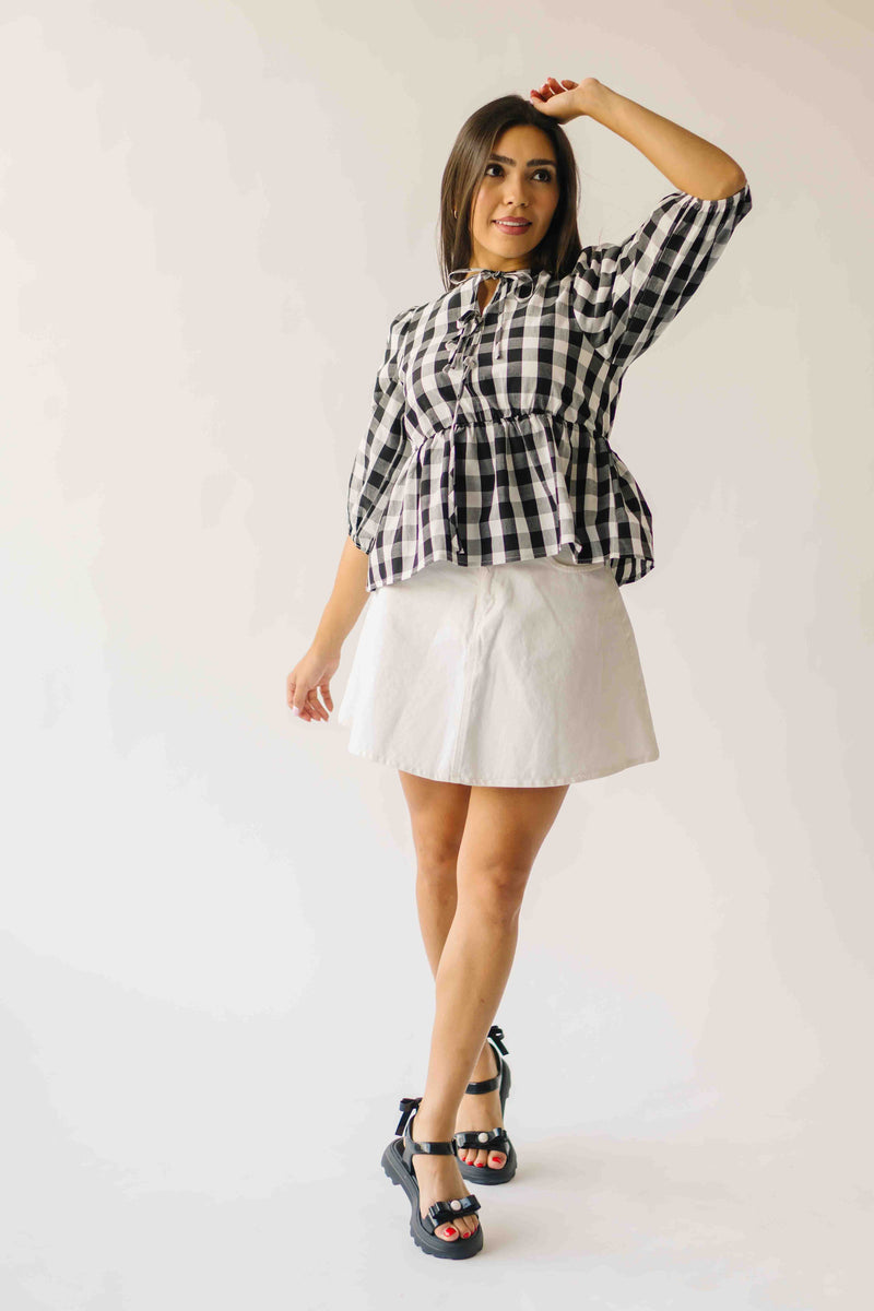 The Brenna Gingham Tie Blouse in Black