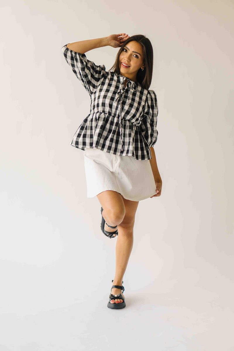 The Brenna Gingham Tie Blouse in Black