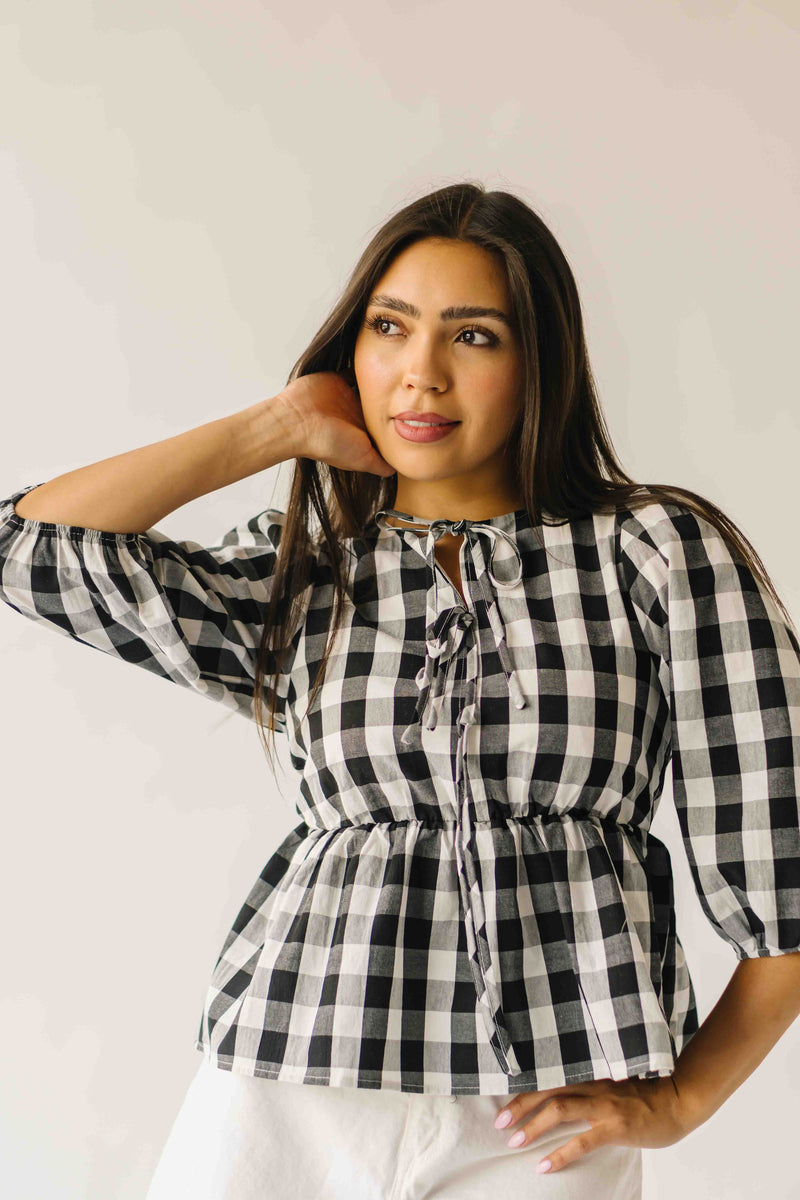 The Brenna Gingham Tie Blouse in Black
