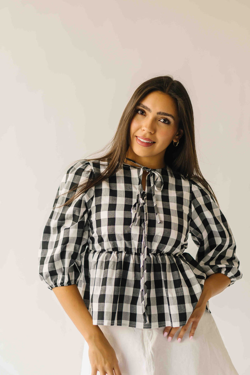 The Brenna Gingham Tie Blouse in Black