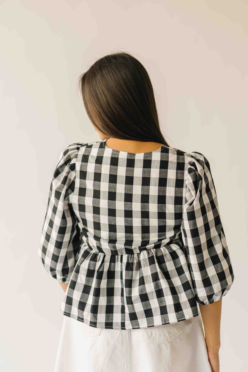The Brenna Gingham Tie Blouse in Black