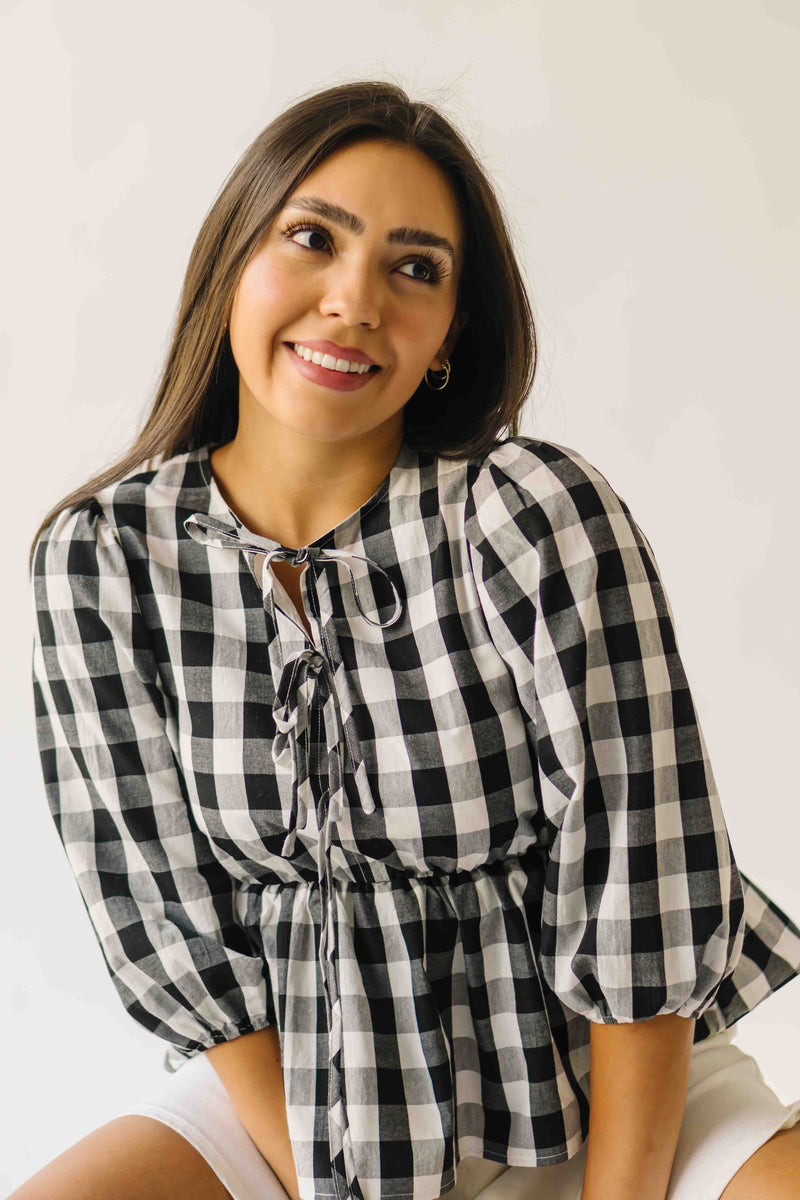 The Brenna Gingham Tie Blouse in Black