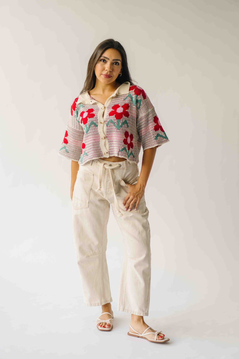 The Angelica Floral Button-Front Cardigan in Ivory