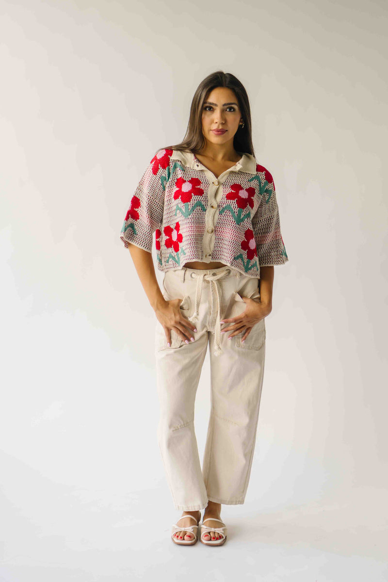 The Angelica Floral Button-Front Cardigan in Ivory