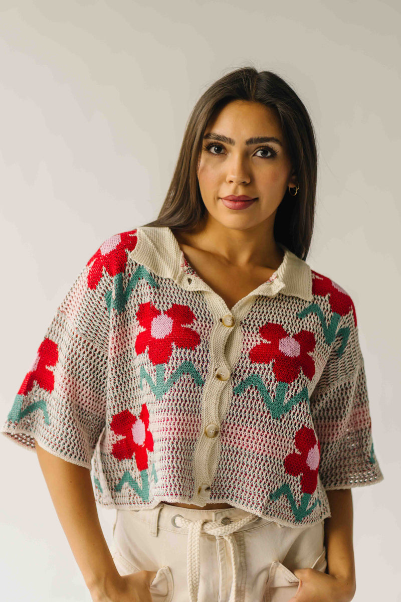 The Angelica Floral Button-Front Cardigan in Ivory